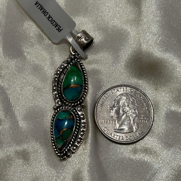 Sterling Silver Peacock Dahlia double stone stamped pendant - Picture 4 of 5